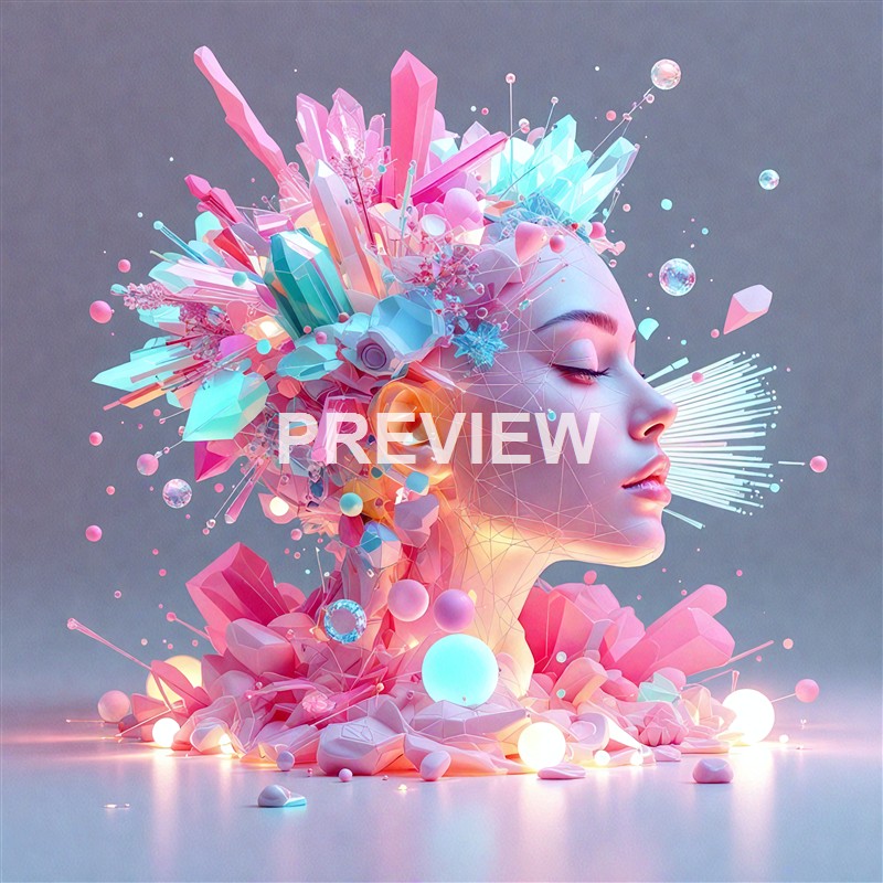 A digital artwork featuring a futuristic, stylized profile of a woman with her eyes closed, adorned with an elaborate headdress made of colorful, crystalline, and geometric shapes emitting a soft glow.